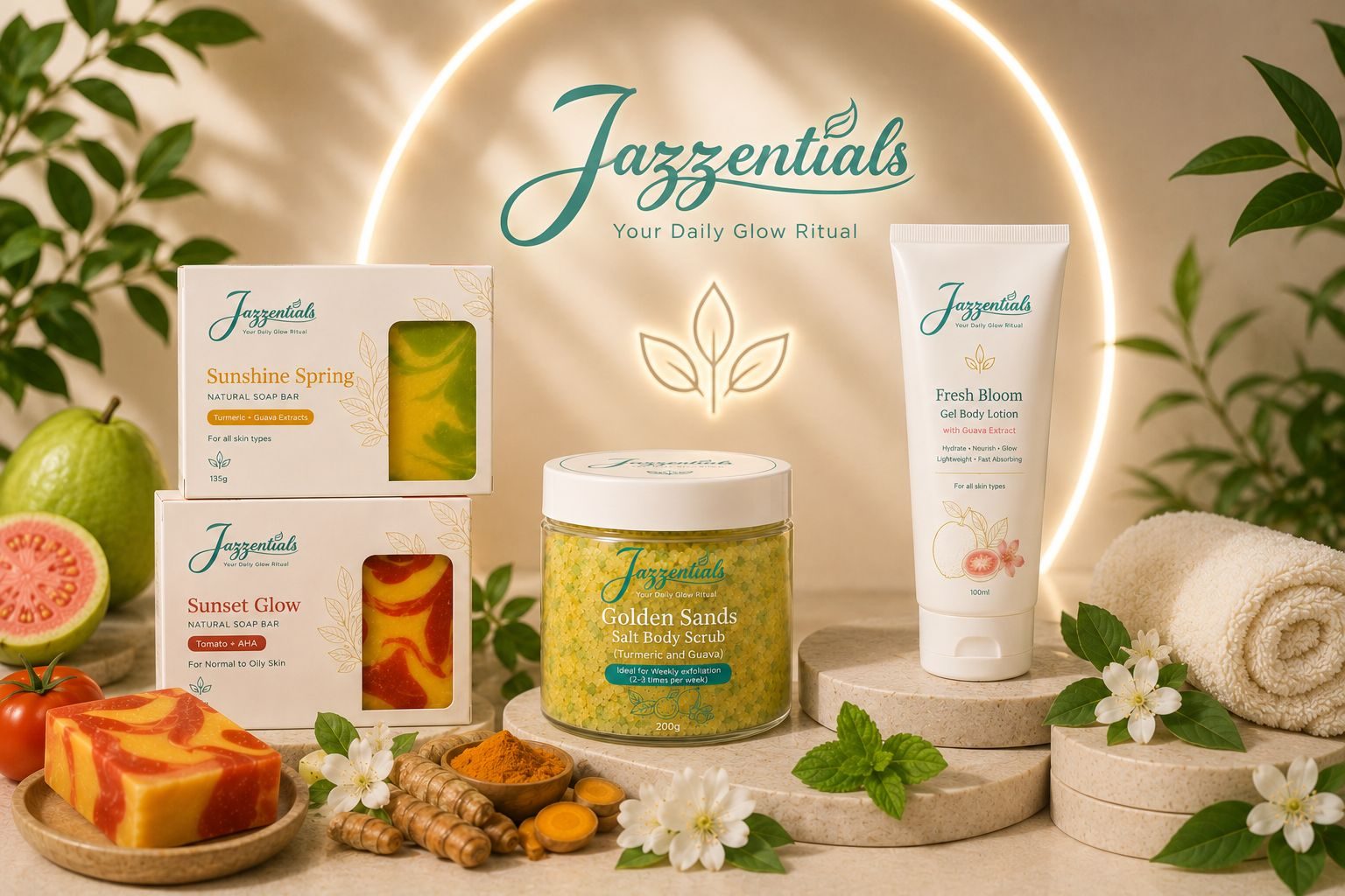 The four Jazzentials products styled with guava, turmeric and fresh flowers